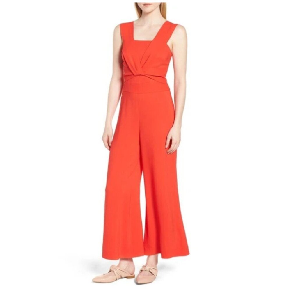 Lewit NWT Women's Red Poppy Crepe Twist Detail Wide Leg Jumpsuit, Size 4